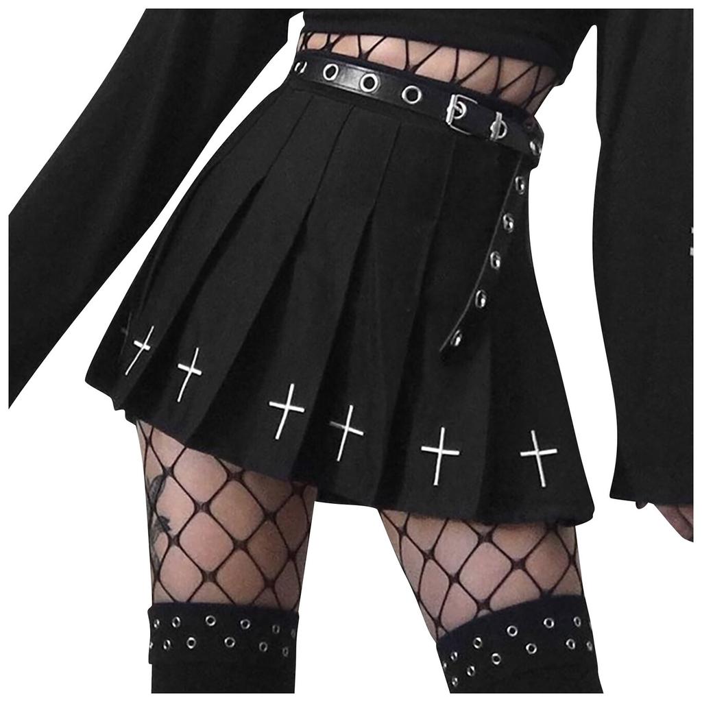Women's Fashionable Suit Punk Half Skirt Pleated Skirt Small Black Skirt With Belt