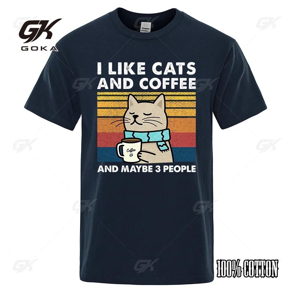 

I Love Cat and Coffee Street Funny Crew Neck Print Tshirt Mens Fashion Casual Loose Cotton Clothing 4XL