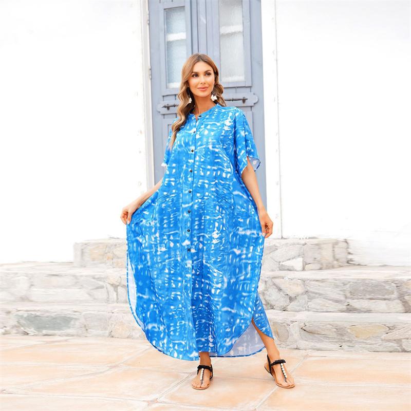 2022 Casual Bikini Cover-ups Blaue Tunika Sexy Gestreifte Vorne Offen Sommer Strand Kleid Elegante Frauen Strand Tragen Badeanzug cover Up Q1097