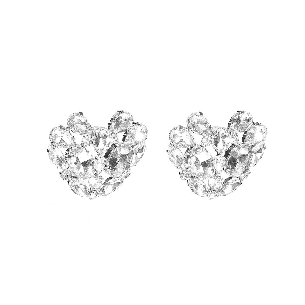 European and American Fashion White Glass Rhinestone Love Earrings Women, Luxury Shiny Stud Earrings