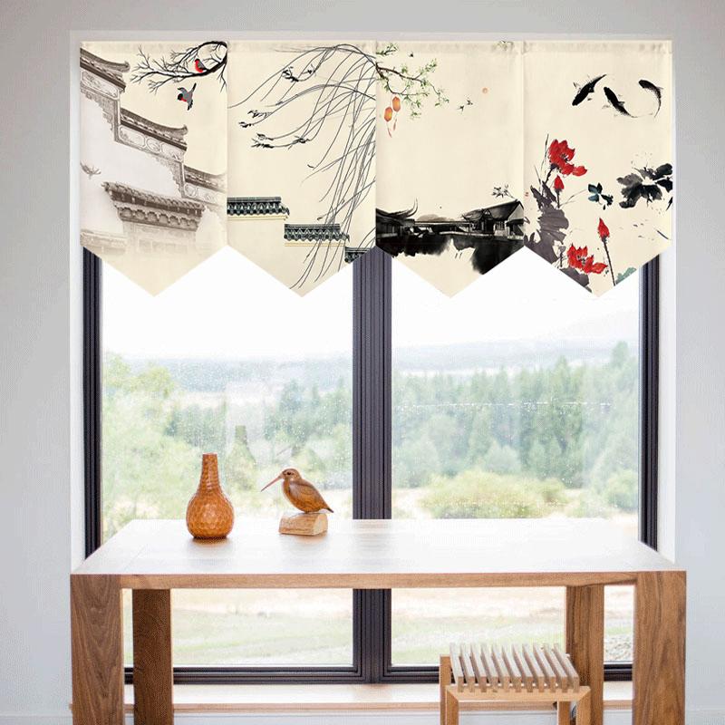Chinese Landscape Painting Short Curtain Restaurant Cafe Decor Noren Home Window Decor Hanging Half Curtain Kitchen Partition