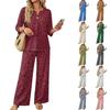 Women's Casual Leopard Print 3/4 Sleeve Button Top Wide Leg Pants Two Piece Outfit Set