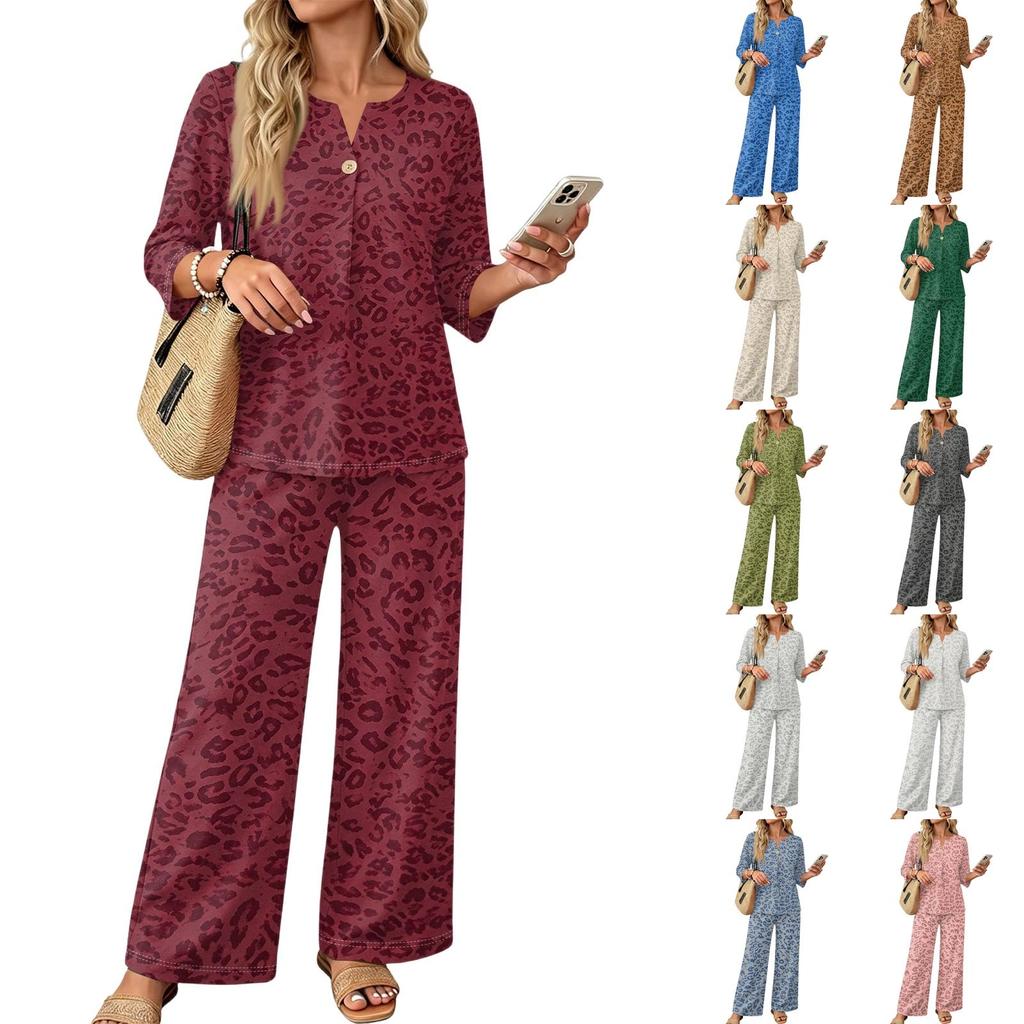 Women's Casual Leopard Print 3/4 Sleeve Button Top Wide Leg Pants Two Piece Outfit Set