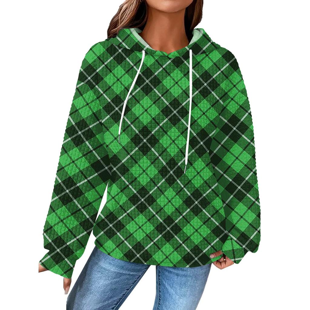 Damenmode Lockerer Kapuzenpullover Langarm Kariertes Sweatshirt mit Kordelzug Überschnittene Schultern und Tasche Print Top