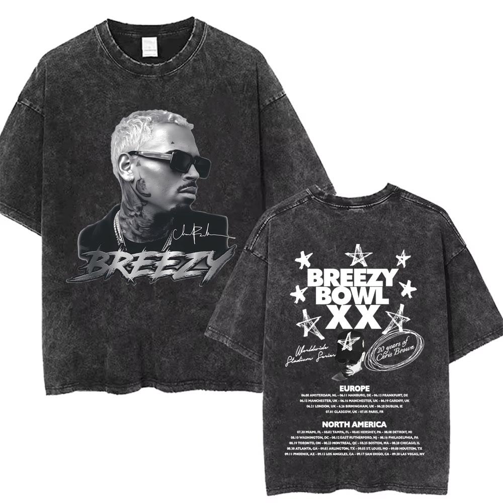 Retro gewaschen Chris Brown Breezy Bowl XX Tour Grafik T-Shirts Herren Hip Hop Mode Freizeit-T-Shirts Unisex Sommer Baumwoll-T-Shirts