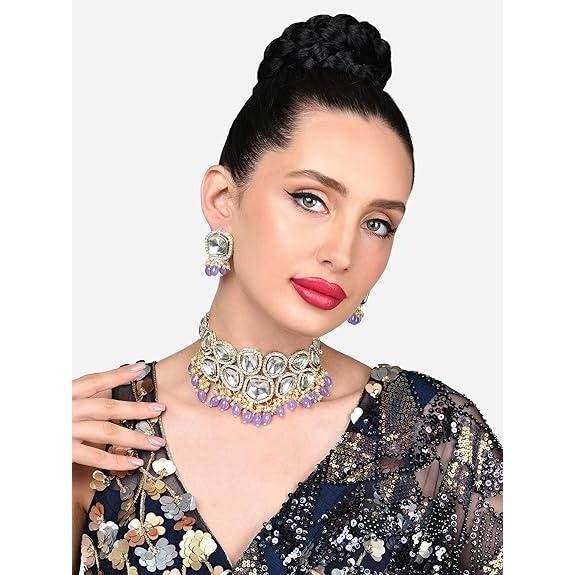 Свадебное колье-колье и серьги Kundan с фиолетовыми бусинами для женщин — фото 2