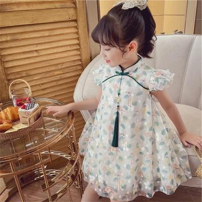 Vestido de Verano Cheongsam de Encaje para Niña 2024 con Mangas Acampanadas