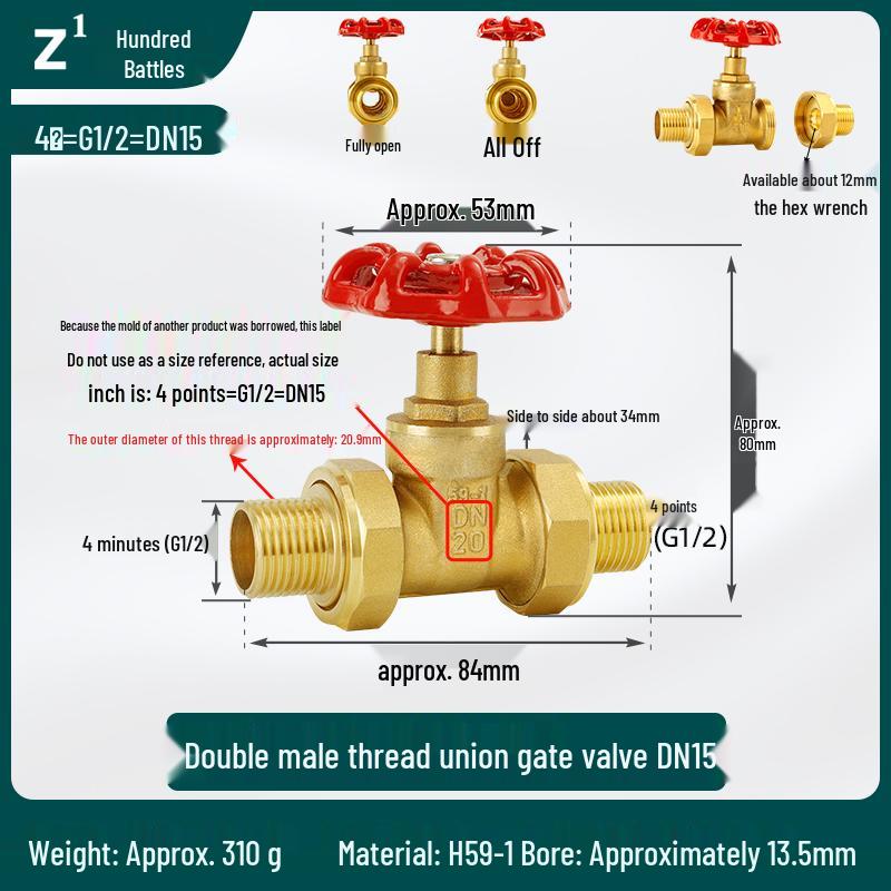 

Heavy-Duty Double Union Gate Valve, Male Thread, for Water Meter/Pipe, 20mm/25mm, Copper, 4-6 Points, 1 Inch DN15
