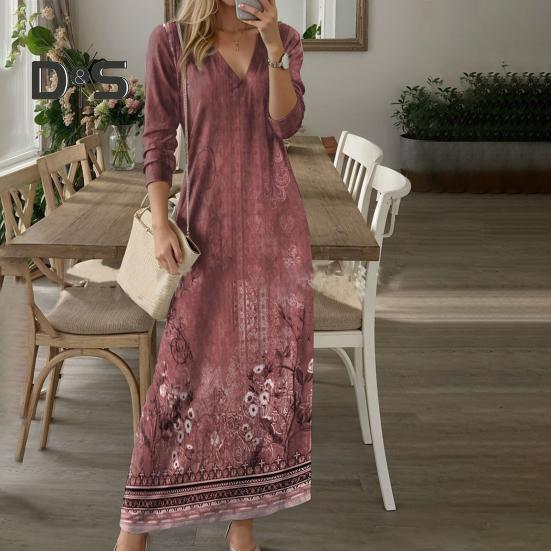 Spring Fall Women Dress V Neck Long Sleeves A-line Digital Flower Print Dating Maxi Dress Daily Wear Loose Dress