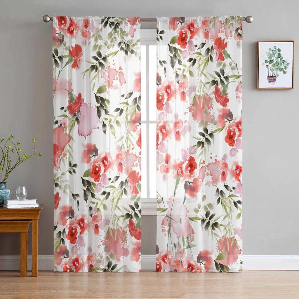 Wedding Flowers Rose Sheer Curtains Living Room Window Tulle Curtains For Bedroom Kitchen Home Decoration Voile Drapes