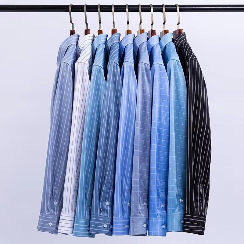 New Stretch Anti-Wrinkle Stripe Men's Shirts Long Sleeve Dress Shirts For Plaid Men Slim Fit Social Business Blouse Shirt S-5XL