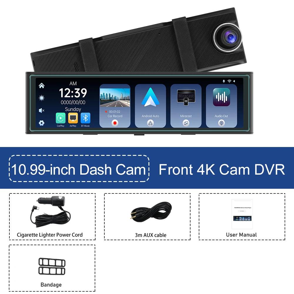 

10,99-дюймовый передний 4K-зеркало Мультимедиа DVR Видеорегистратор Carplay Android auto Автомобильный видеорегистратор Bluetooth WIFI Видео Черный ящик 0GB
