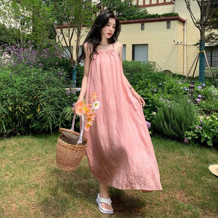 Pink Suspender Long Dress Women's Summer New Seaside Vacation Beach Dress Neck Design Niche Skirt