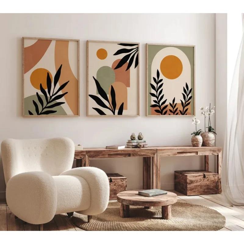 Green Terracotta Nordic Modern Canvas Painting Leaves Colour Block Bedroom Frameless Poster Bohemian Abstract Wall Art Beige