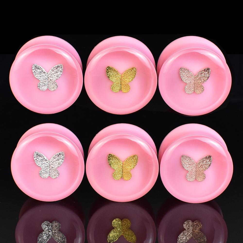 6-30mm Pink Butterfly Ear Tunnels Gauges Double Flared Plug Ear Expander Stretcher Body Piercing Jewelry