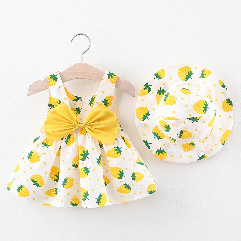 A732 Kleid mit Erdbeerdruck mit Hut – Frisches Kleid für Kleinkind-Babymädchen