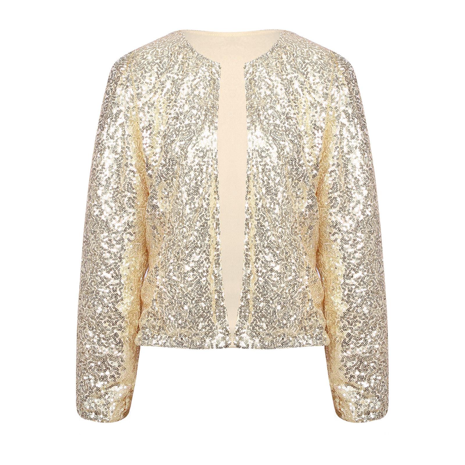 

Женское блестящее пальто с открытым передом и длинными рукавами для коктейльных вечеринок, клубных мероприятий, вечерних мероприятий XL золотой