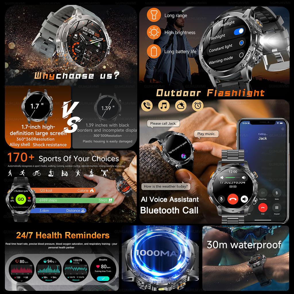 New HD 1.7-inch Large Screen 1000mAh Super Capacity Battery Adult Men Smart Watch Call 10ATM Waterproof Sports Bracelet