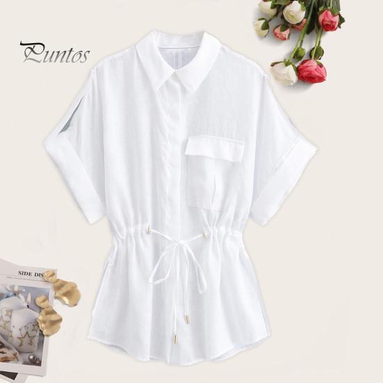 

Женская рубашка с лацканами, короткими рукавами и карманами с клапанами, рубашка свободного кроя с завязками на талии, однобортная повседневная рубашка, топы, повседневная одежда L зелёный