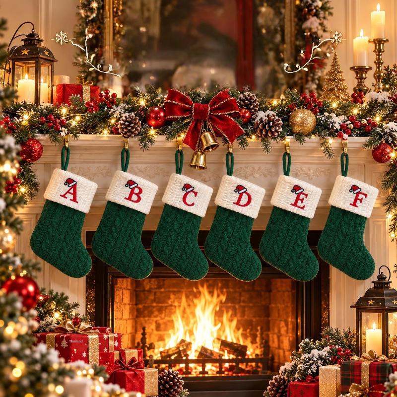 1 Stück Monogramm Gestrickte Socken Grün A-Z Buchstabe Hängende Weihnachtsstrümpfe Kamin Weihnachtsbaum Hängend Party Dekoration