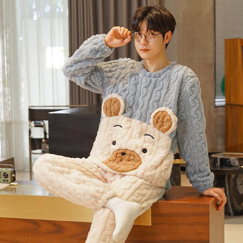 Men's Winter Thickened Coral Fleece Pajamas: Cute Cartoon Warm Homewear Set for Teenagers and Students