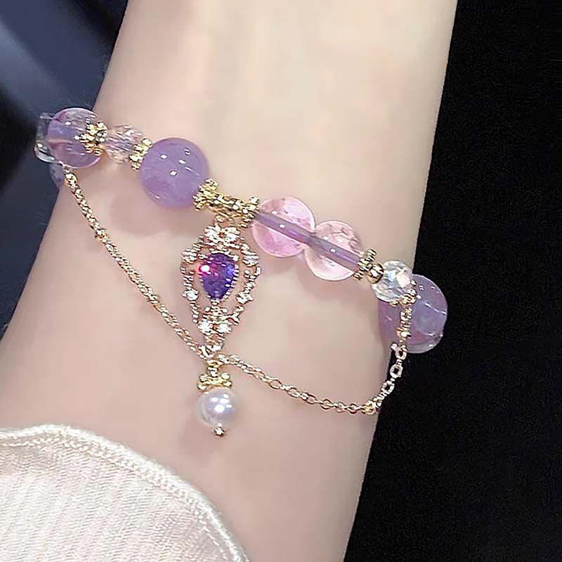 Čínský styl světle luxusní fialové skleněné korálkové náramky pro ženy náramek s přívěskem se střapcem Sladké šperky na zápěstí
