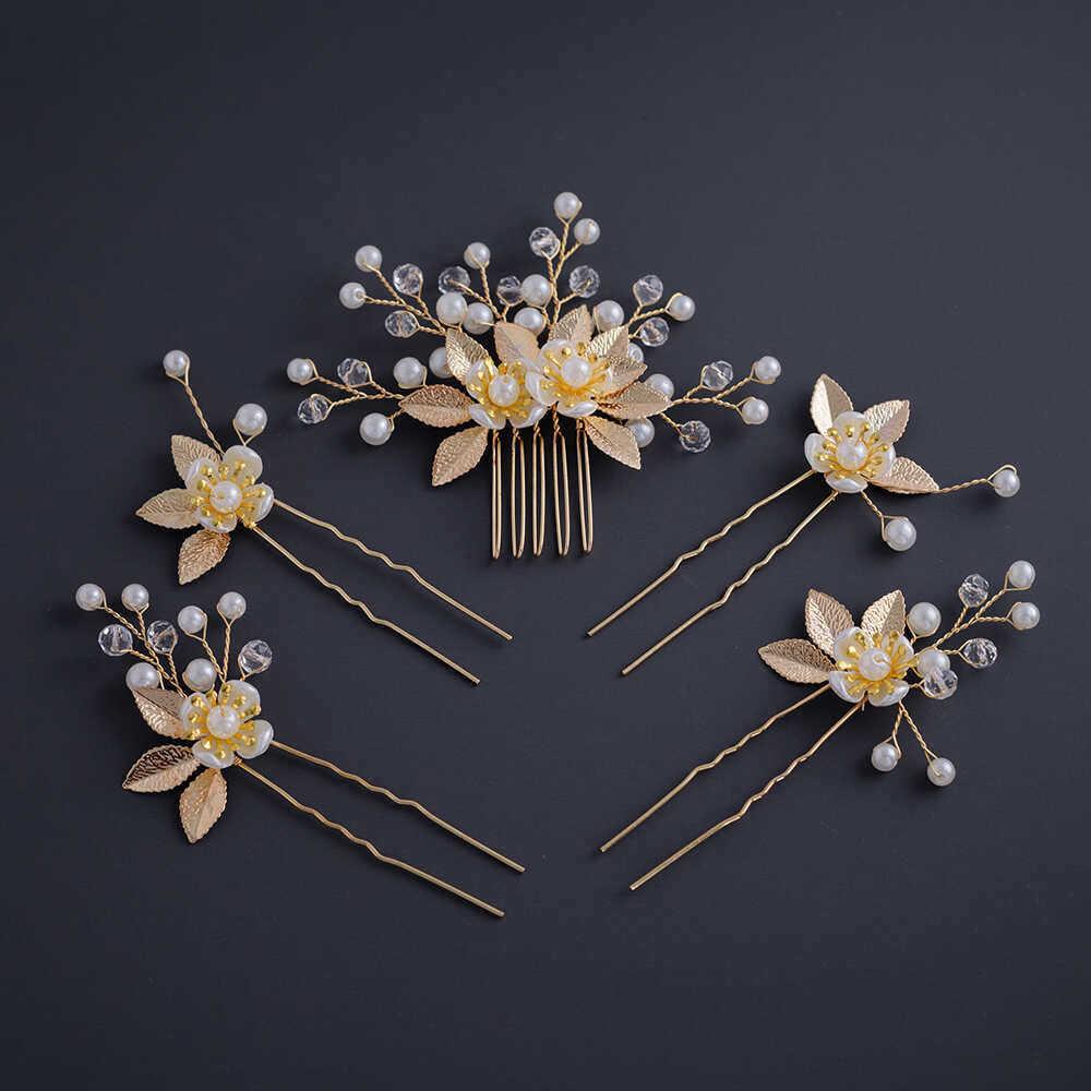 Gold & Silver Leaf Hairpin Set: 5-Piece Pearl Bride Comb & Retro Wedding Headdress Accessories for Women