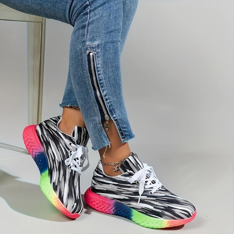 Large Size Sneakers Colorful Striped Lace Up Round Toe Sports Single Shoes Rainbow Bottom Sneakers