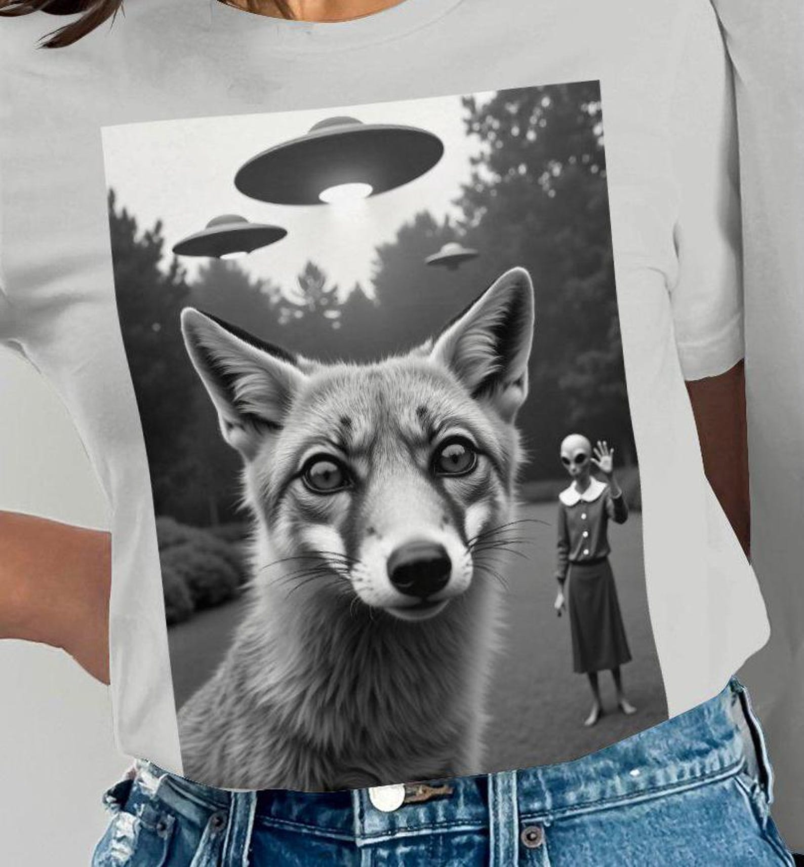 Alien Fox Graphic Tee: Sci-Fi UFO T-Shirt 4XL