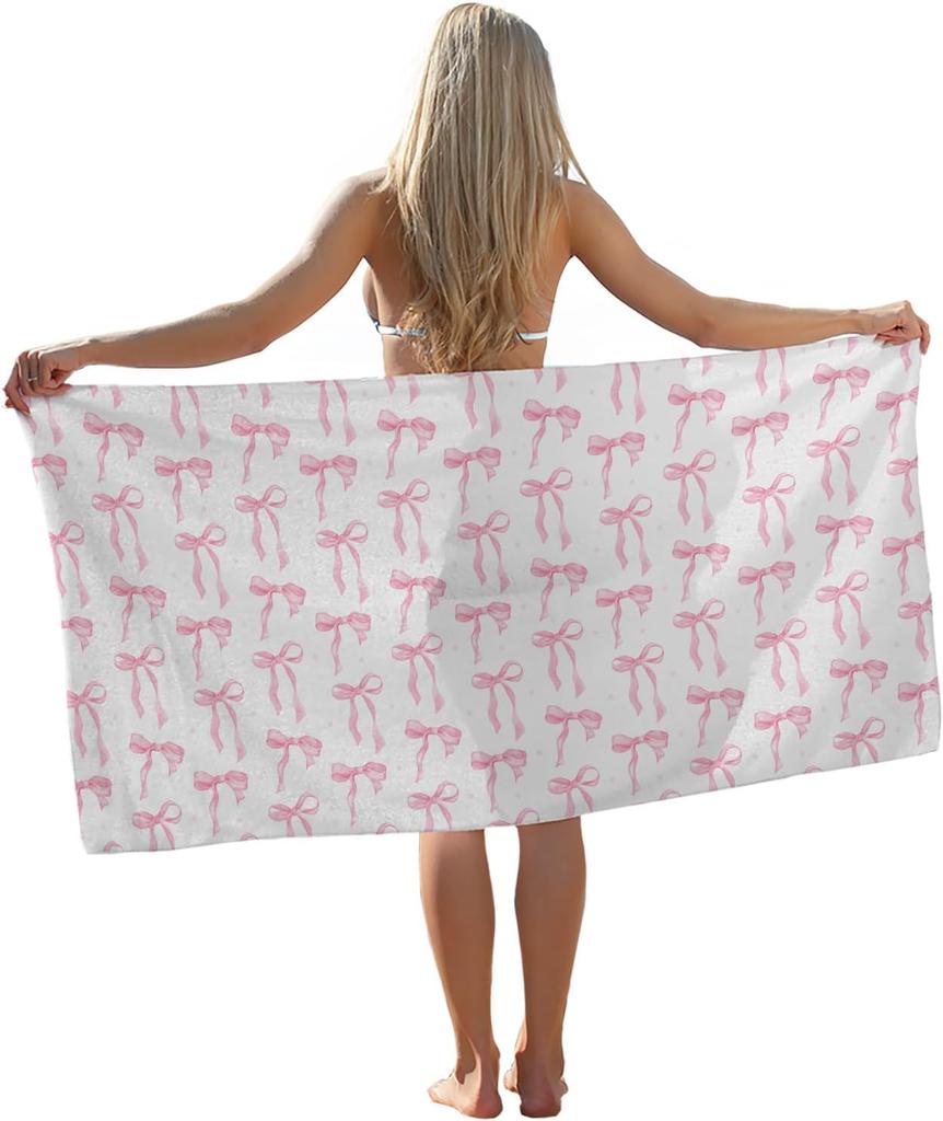 Pink Bow Beach Towels,Pink Bowknot Ribbon Bows Pool Towels,Girly Trendy Bowknot Sand Towel Large Bath Towel Gifts for Teen Girls