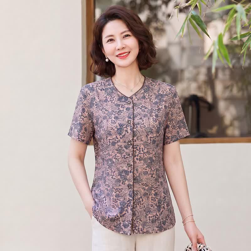 Women's Floral Chinese Style Short Sleeve Tang Suit Shirt