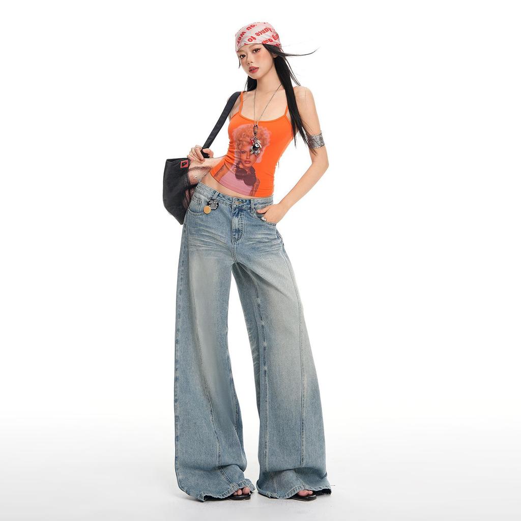 Spring Summer Light Blue High Street Design Drape Wide Leg Denim Pants For Women Casual Pants Oversize Denim Trousers
