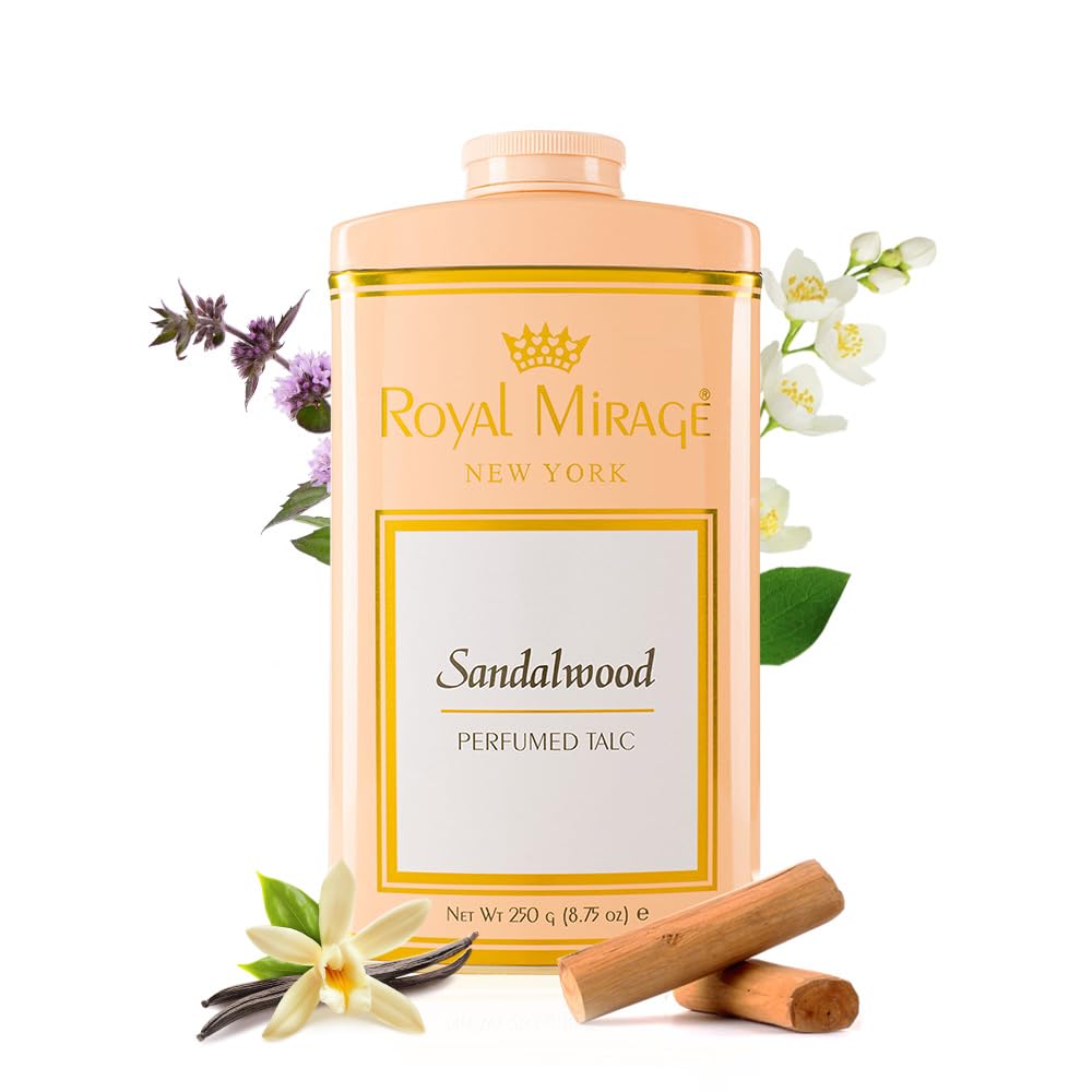 Royal Mirage Sandalwood Deodorizing Talc | Silky Soft & Fresh Skin | Jasmine, Sandalwood & Vanilla Notes | Perfumed Talc | Long-Lasting Comfort & F