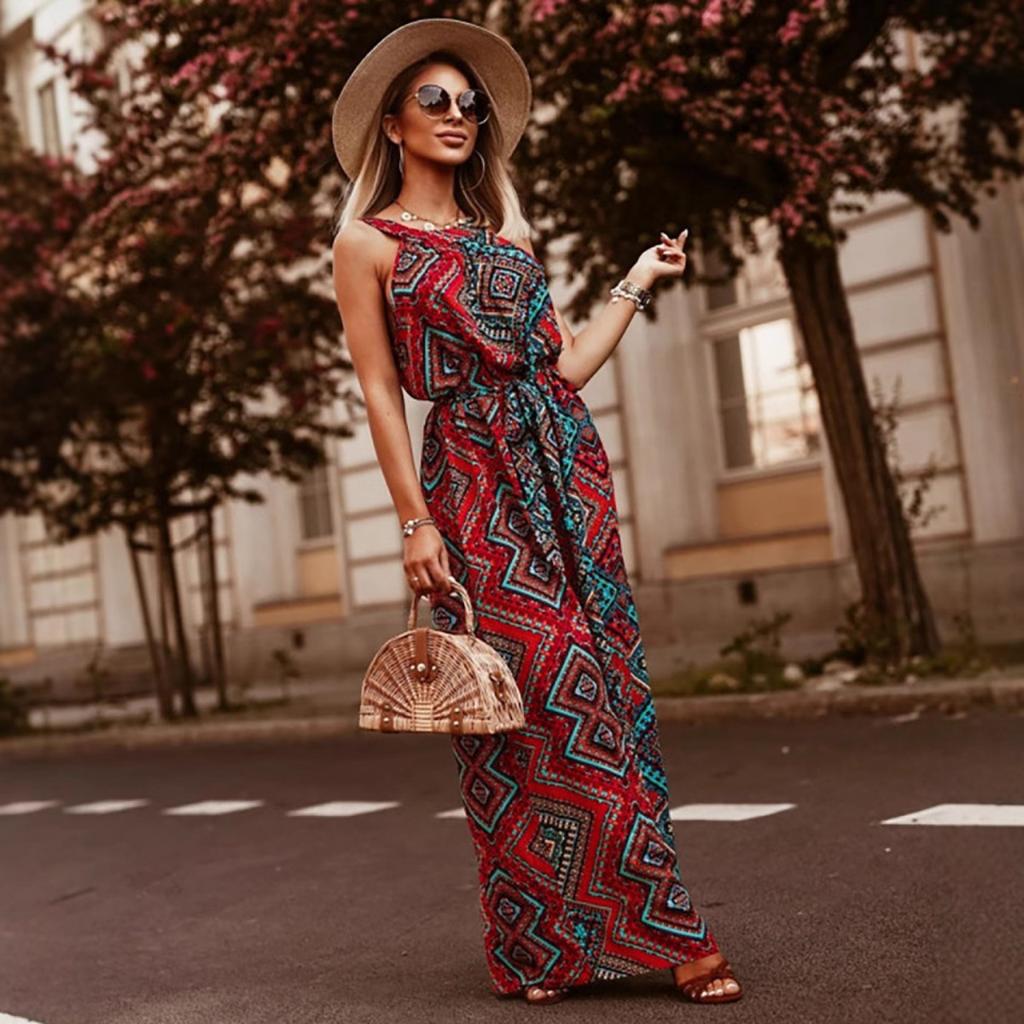 Women's Fashion Floral Print Halter Neck Beach Vacation Dress, European American Style Cross-border Women's Clothing