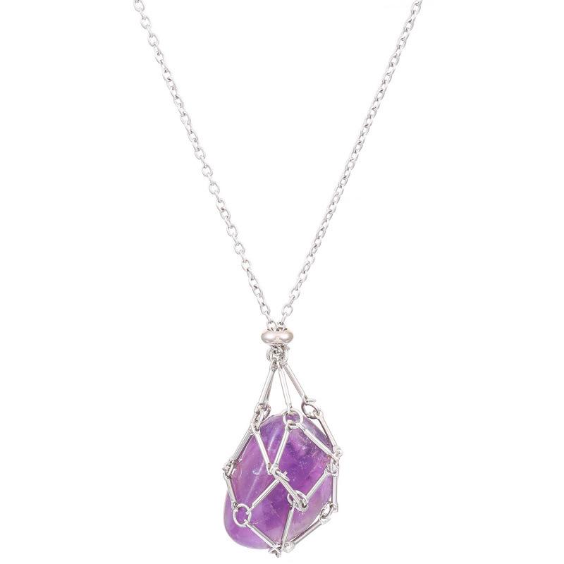 Adjustable Necklace Pendant with Replaceable Crystal Stone In Woven Metal Net Bag