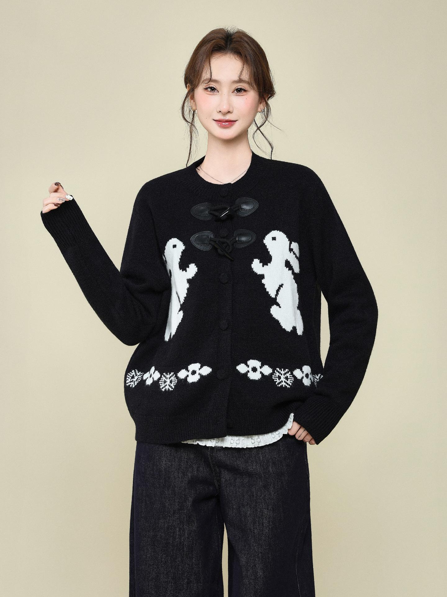 

Fair Island jacquard loose thickened sweater jacket women s autumn and winter lace hem inner bottoming shirt top One size fits all чёрный