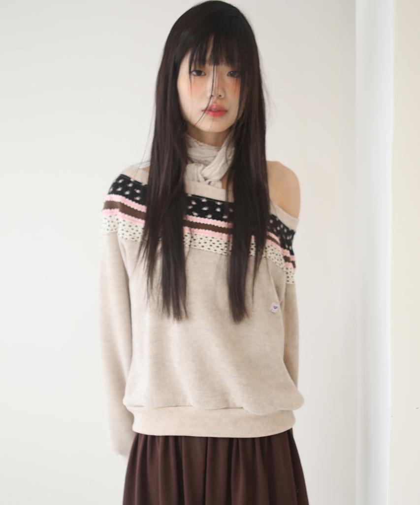 NOFFICIALNOFFICE Rainbow Patchwork Knit Top Beige