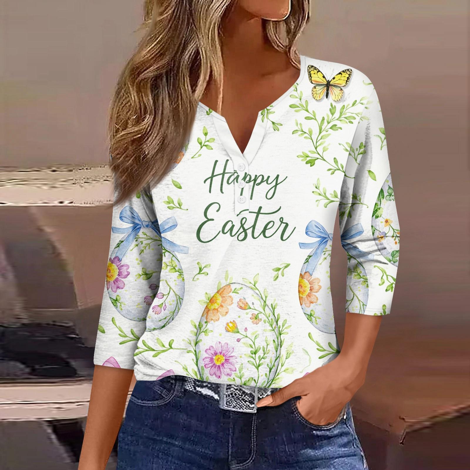 

Women s Fashion Casual Easter Printed V-neck Short Sleeve Decorative Button Seven Sleeve T-shirt Top XL білий