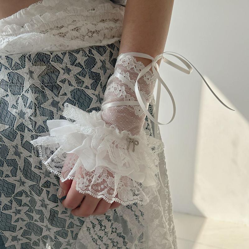 Lace Multilayer Flower Cuff Sweet Bow Decoration Hand Sleeves White Summer Ladies Ruffle Fingerless Wedding Gloves