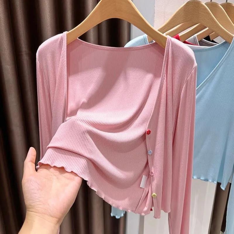 Damen Hellgrau Gerippt Gestrickt Cropped Cardigan Bunter Knopf Offene Vorderseite Lässiger Bolero