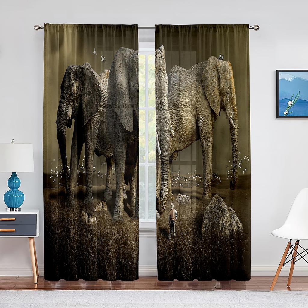 Afrikanischer Wildtier-Elefant und Nashorn-Tüllvorhänge für Wohnzimmerdekorationen, Chiffon, durchsichtiger Voile, Vorhang für Küche und Schlafzimmer