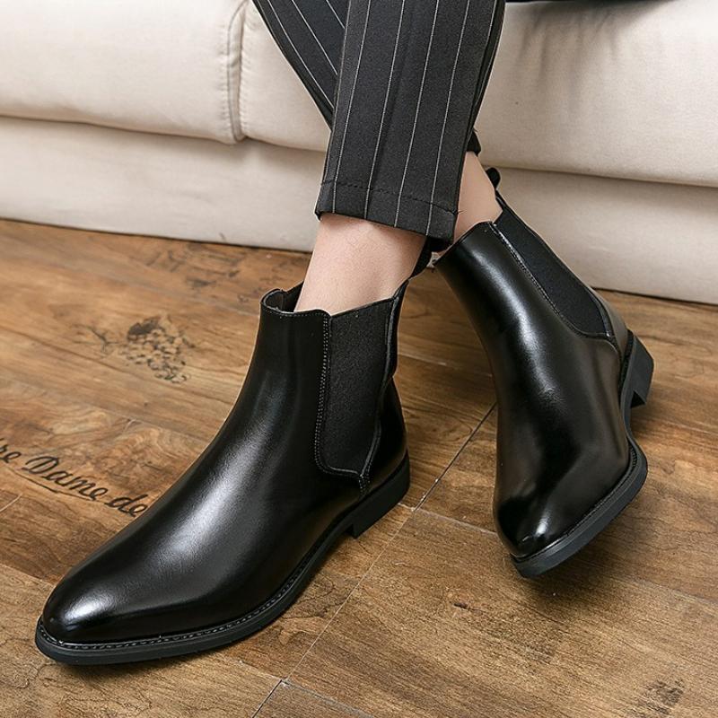 Men Chelsea Boots Business Ankle Boots British Style High Top Casual Shoes Fashion Slip On Leather Boot Plush Classic Men Boots
