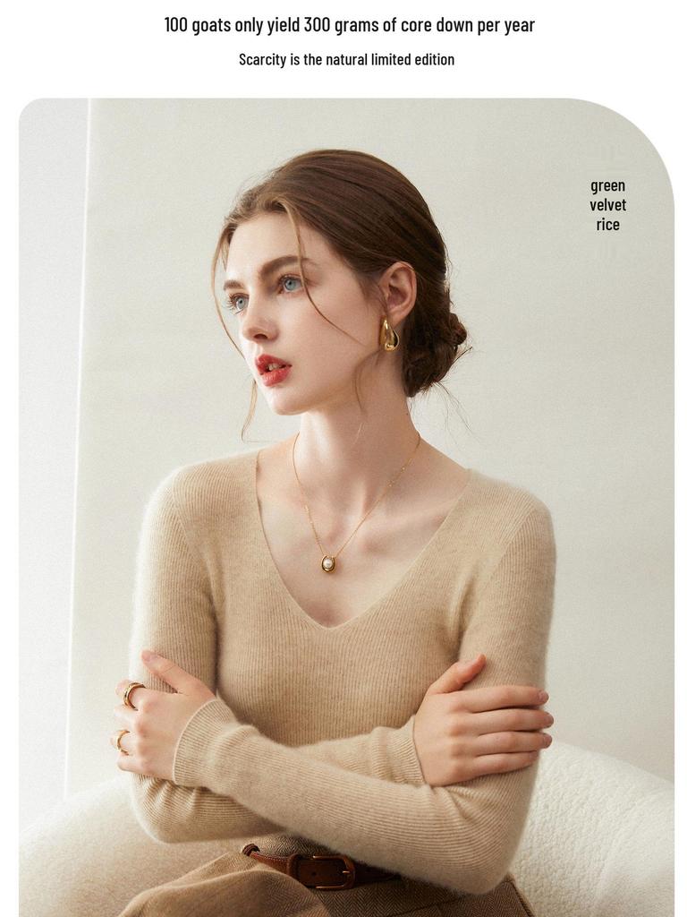 Women's Slim Fit V-Neck Crew Neck Sweater, 100% Pure Cashmere, Autumn/Winter Knit Base Layer Sweater