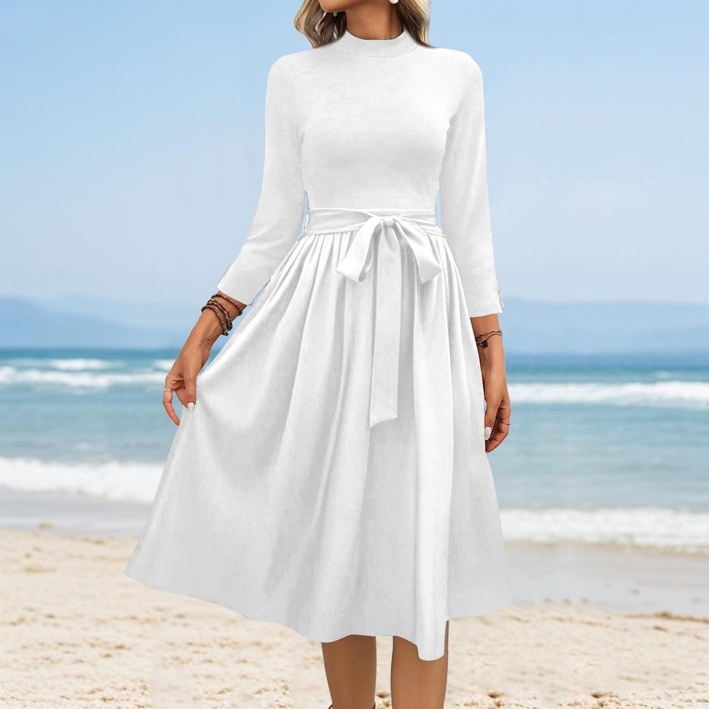 Women's Fashion Casual Belt Seven Sleeve Round Neck Solid Color Temperament Dresses