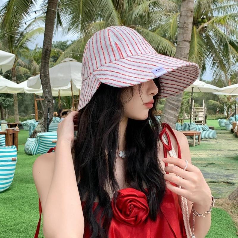 

Ladies Striped Large Brim Sun Hat, Summer Beach Travel Uv Resistant Fisherman Hat, 26 Year New Wide Brimmed Duckbill Hat красный