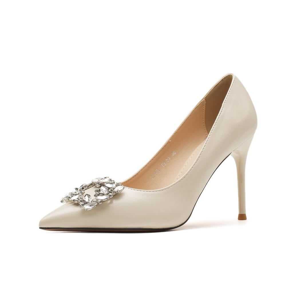 Rhinestone square buckle applique stiletto high heels daily simple and versatile