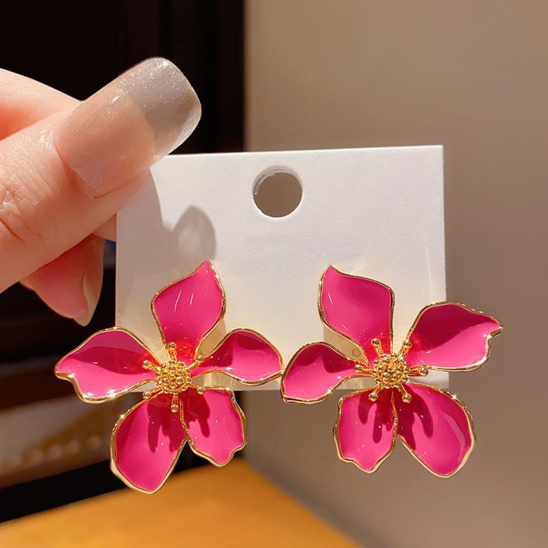 Dripping oil pink flower earrings women's fashion sweet stud earrings light luxury high sense new versatile earrings