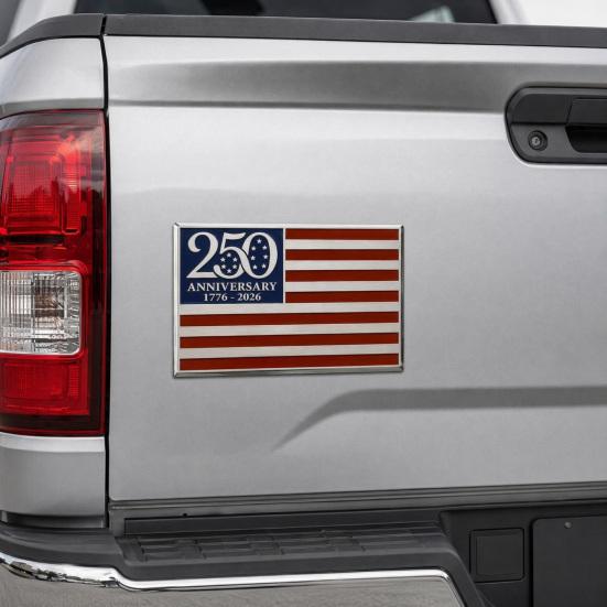 250th Anniversary Flag Metal Emblem Patriotic Red Blue White Auto Badge 1776-2026 America