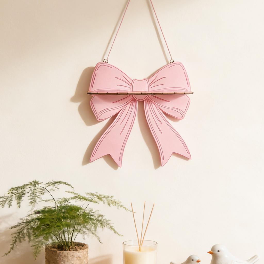 Cute Single-layer Wooden Wall-mounted Shelf With Bow Design, Suitable For Home And Bedroom.