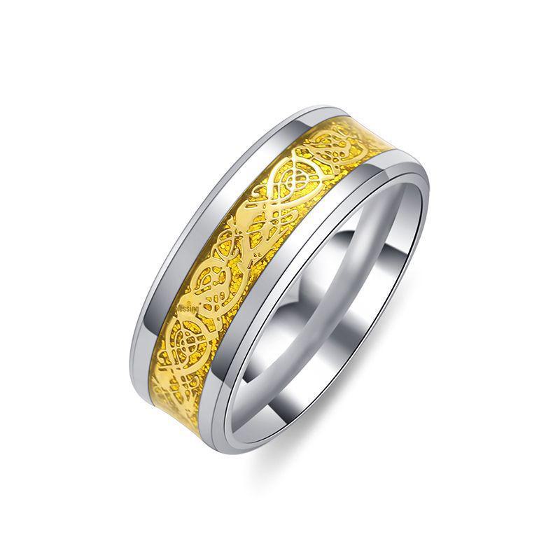 

Мужское кольцо с европейским и американским драконом, скошенный край - титан, нержавеющая сталь No. 10 золотой